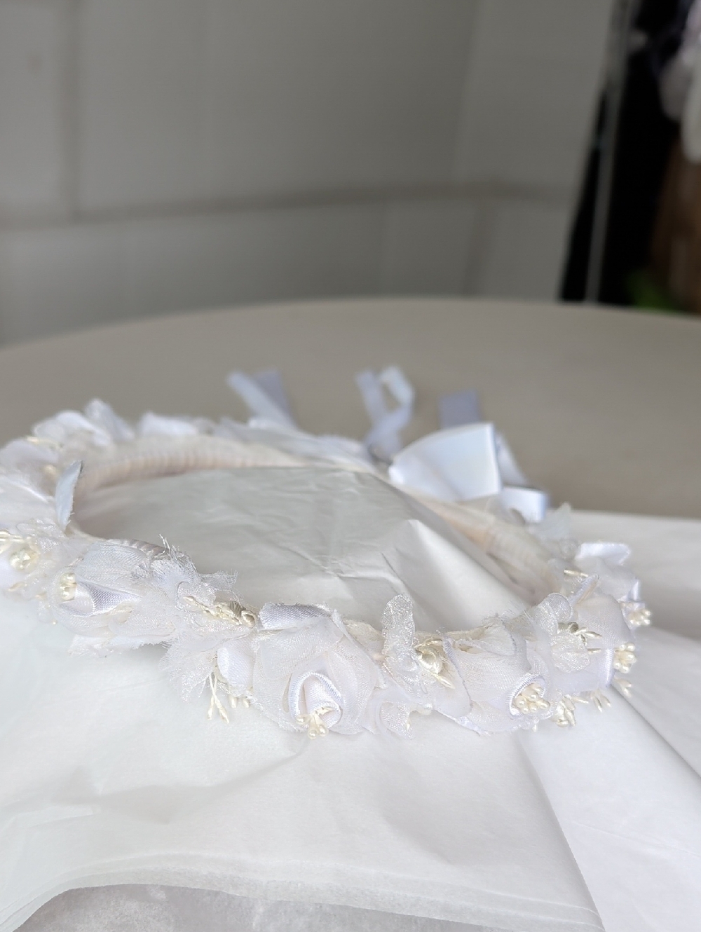 White Floral Ribbon Floral Beaded Wreath Headband First Communion Flower Girls